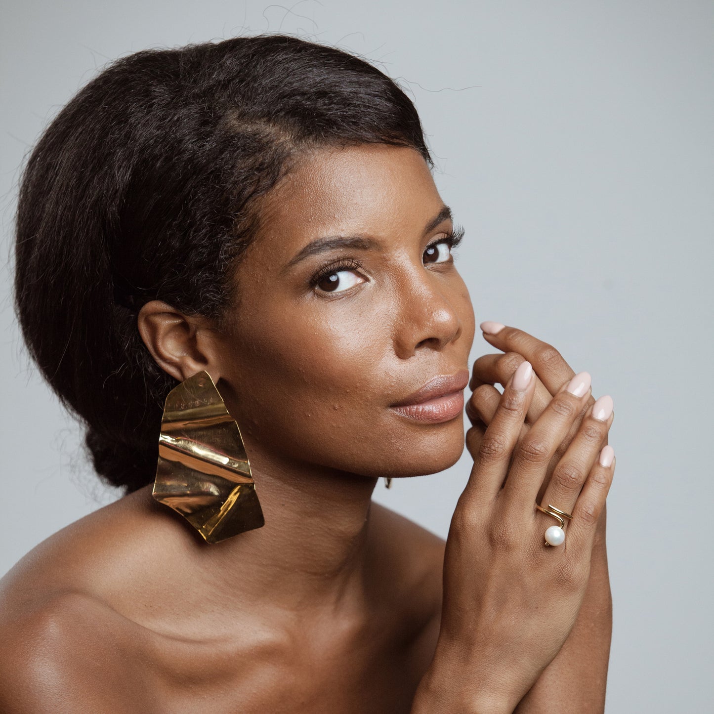 African American modelo wearing Constanza Earrings - 14k Gold Plated - Iza By Silvia D’Avila one of a kind, off the runway jewelry & wearable art - handcrafted in NYC