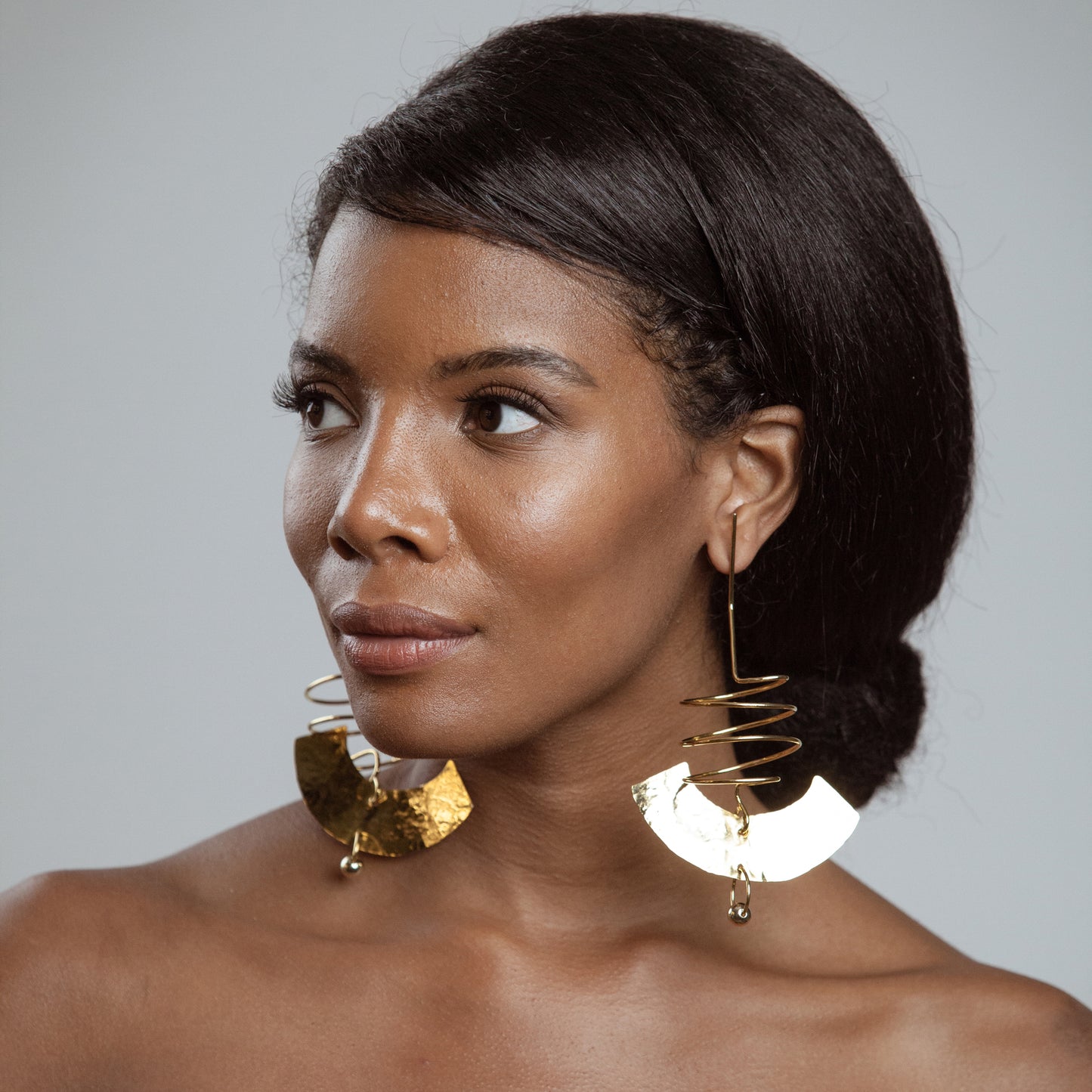 African American model wearing Cordelia Earrings - 14k Gold Plated - Iza By Silvia D’Avila one of a kind, off the runway jewelry & wearable art - handcrafted in NYC
