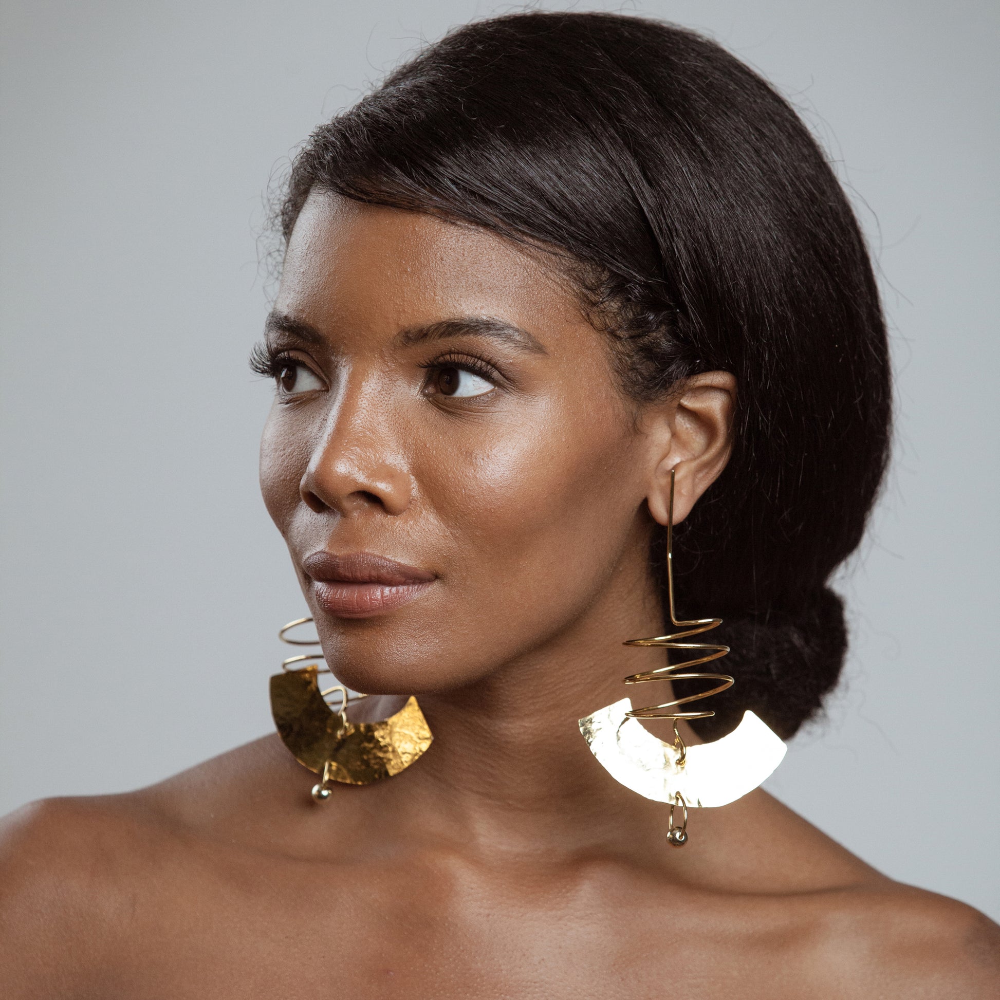 African American model wearing Cordelia Earrings - 14k Gold Plated - Iza By Silvia D’Avila one of a kind, off the runway jewelry & wearable art - handcrafted in NYC
