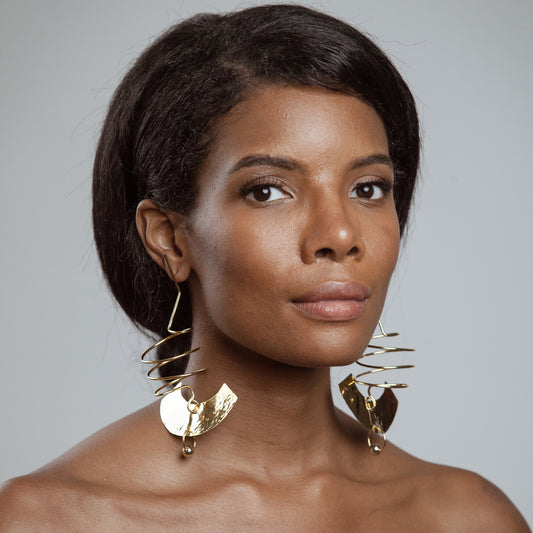 African American model wearing Cordelia Earrings - 14k Gold Plated - Iza By Silvia D’Avila one of a kind, off the runway jewelry & wearable art - handcrafted in NYC
