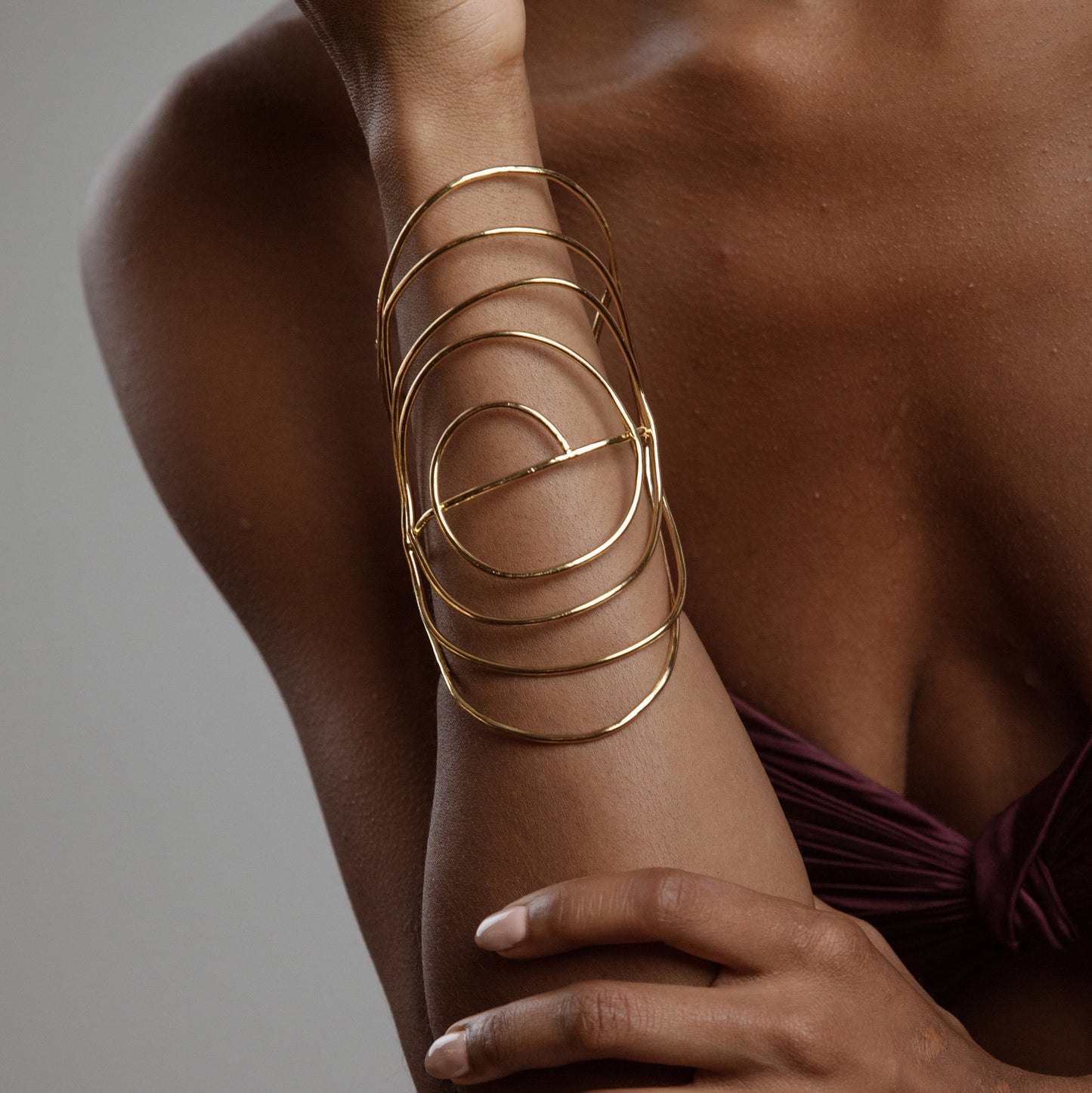 African American Model wearing Francesca Bracelet Iza by Silvia D'Avila - Original Sophistcated Statement One of a Kind Jewelry Made in NYC - 14K Pleated Gold