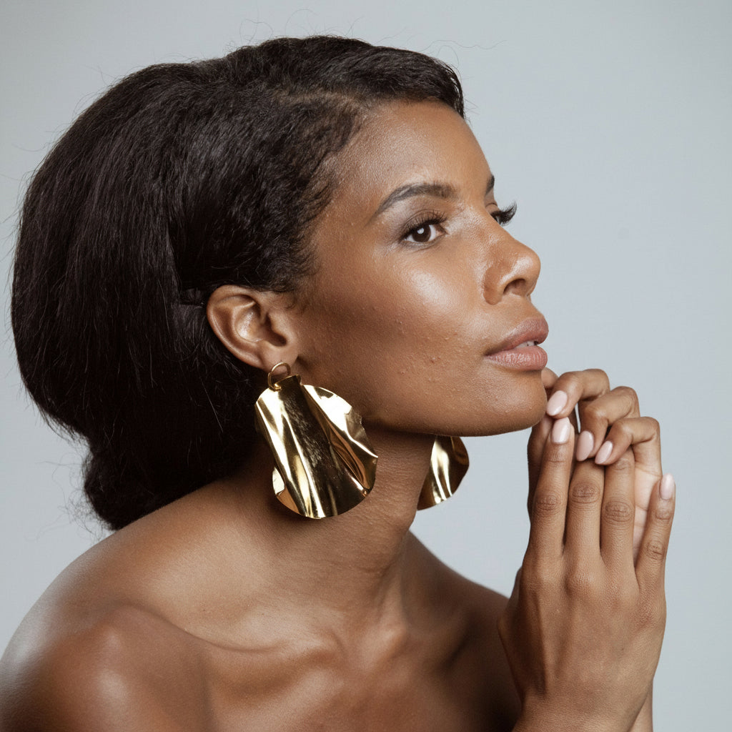African American Model wearing Giovanna Earrings - 14k Gold Plated - Iza By Silvia D’Avila one of a kind, off the runway jewelry & wearable art - handcrafted in NYC