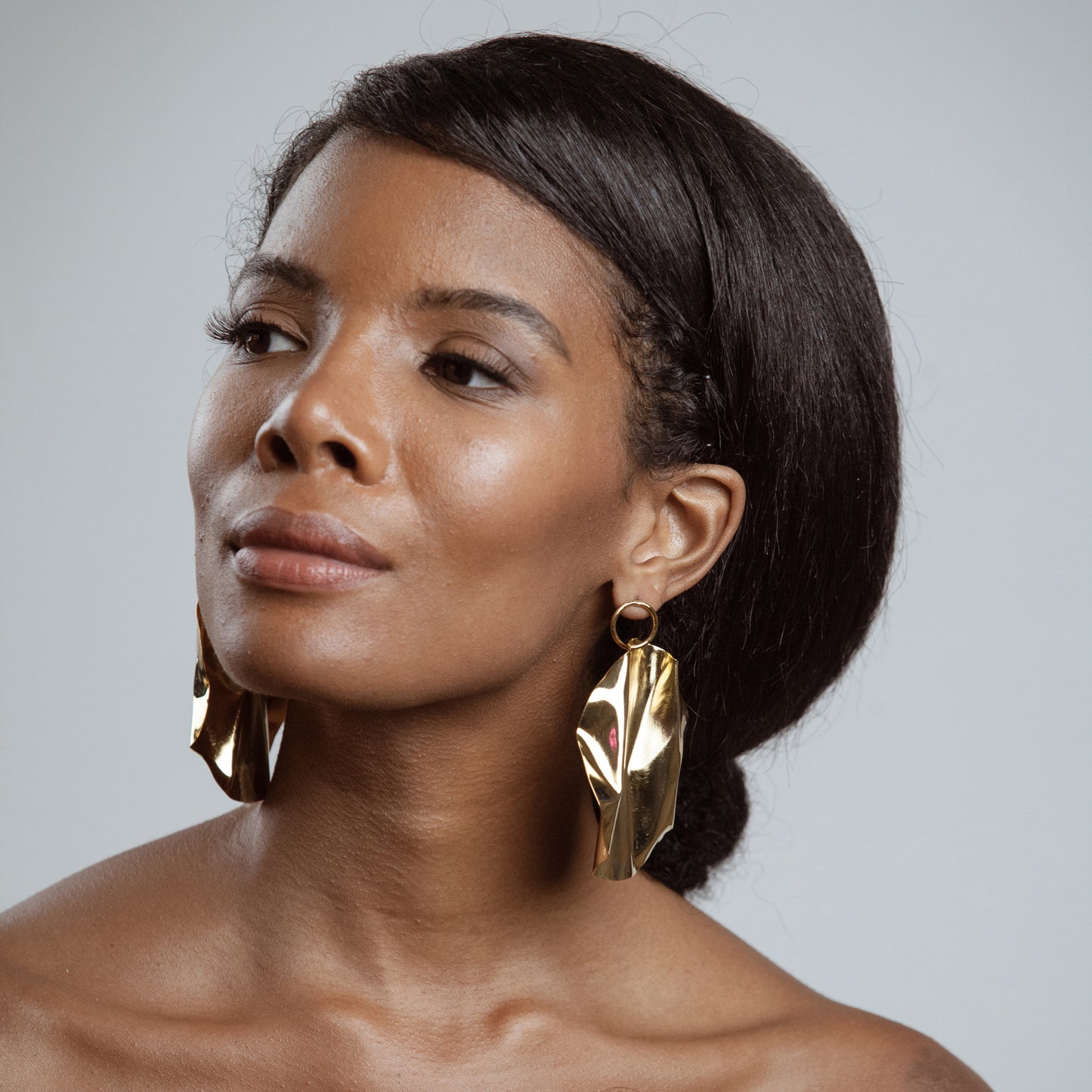 African American Model wearing Giovanna Earrings - 14k Gold Plated - Iza By Silvia D’Avila one of a kind, off the runway jewelry & wearable art - handcrafted in NYC