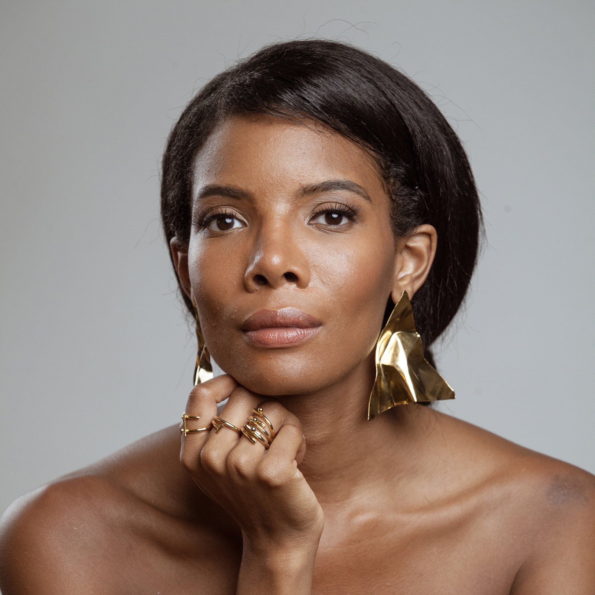 African American Model wearing June Earrings - 14k Gold Plated - Iza By Silvia D’Avila one of a kind, off the runway jewelry & wearable art - handcrafted in NYC