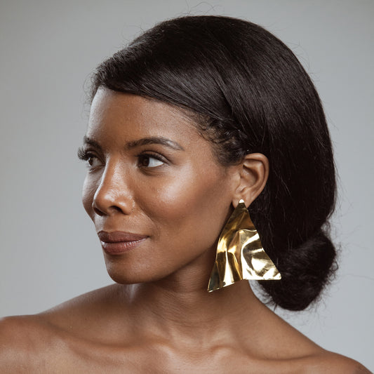 African American Model wearing June Earrings - 14k Gold Plated - Iza By Silvia D’Avila one of a kind, off the runway jewelry & wearable art - handcrafted in NYC