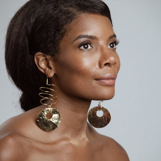 African American Model wearing Khrysty Earrings - 14k Gold Plated - Iza By Silvia D’Avila one of a kind, off the runway jewelry & wearable art - handcrafted in NYC