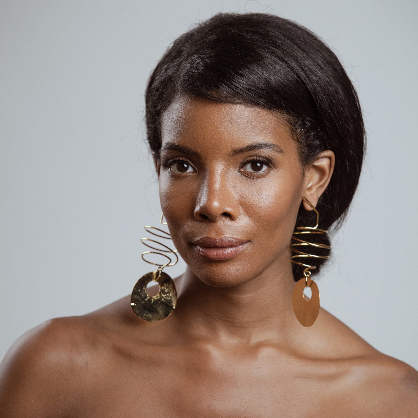 African American Model wearing Khrysty Earrings - 14k Gold Plated - Iza By Silvia D’Avila one of a kind, off the runway jewelry & wearable art - handcrafted in NYC