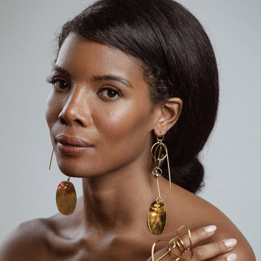 African American Model wearing Nikki Earrings - 14k Gold Plated - Iza By Silvia D’Avila one of a kind, off the runway jewelry & wearable art - handcrafted in NYC