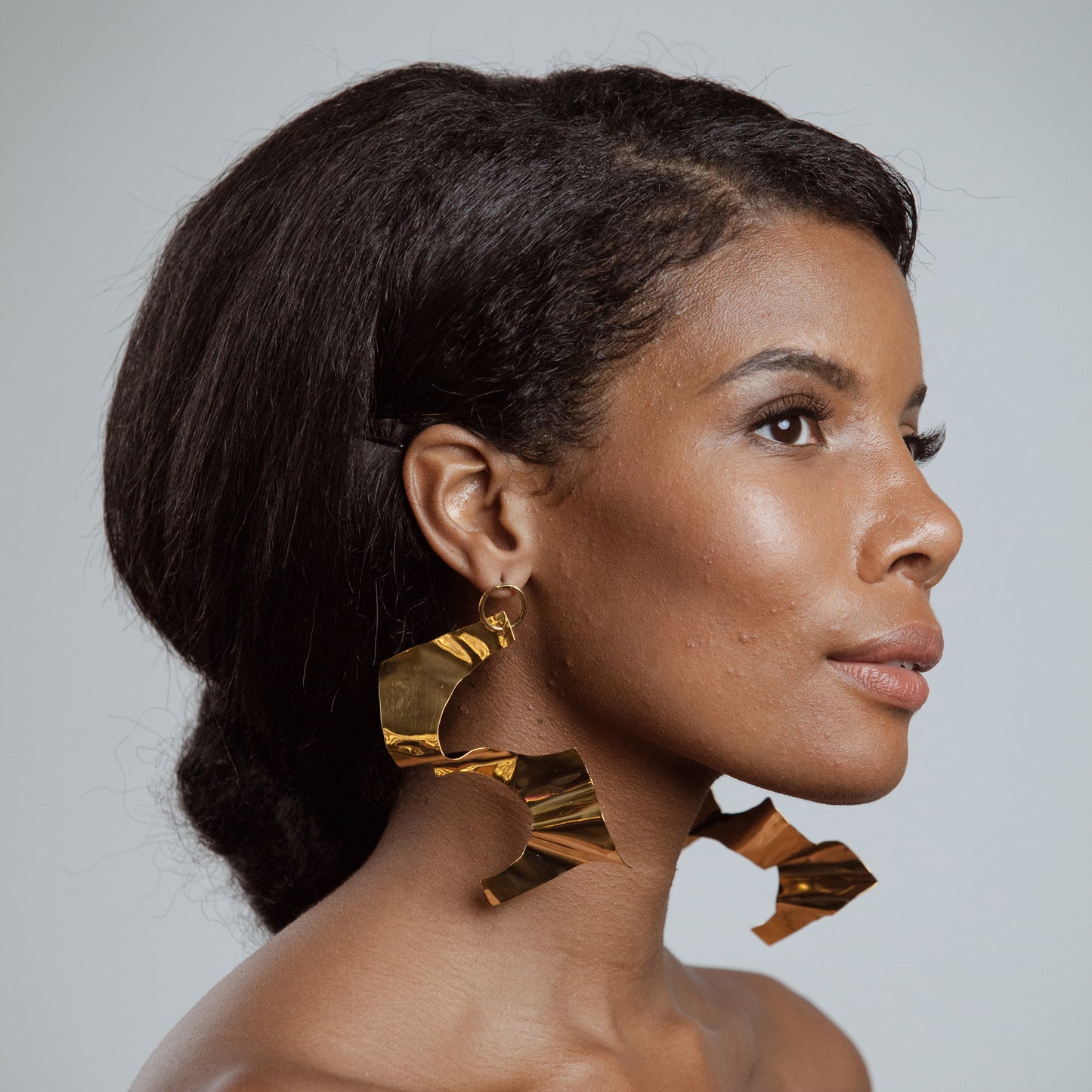 African American Model wearing Serena Earrings - 14k Gold Plated - Iza By Silvia D’Avila one of a kind, off the runway jewelry & wearable art - handcrafted in NYC