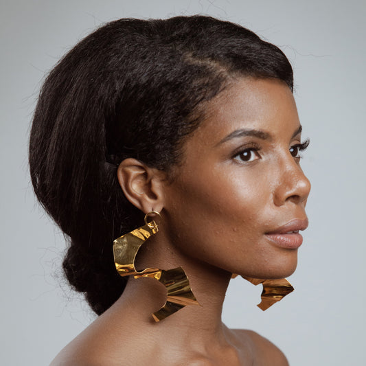 African American Model wearing Serena Earrings - 14k Gold Plated - Iza By Silvia D’Avila one of a kind, off the runway jewelry & wearable art - handcrafted in NYC