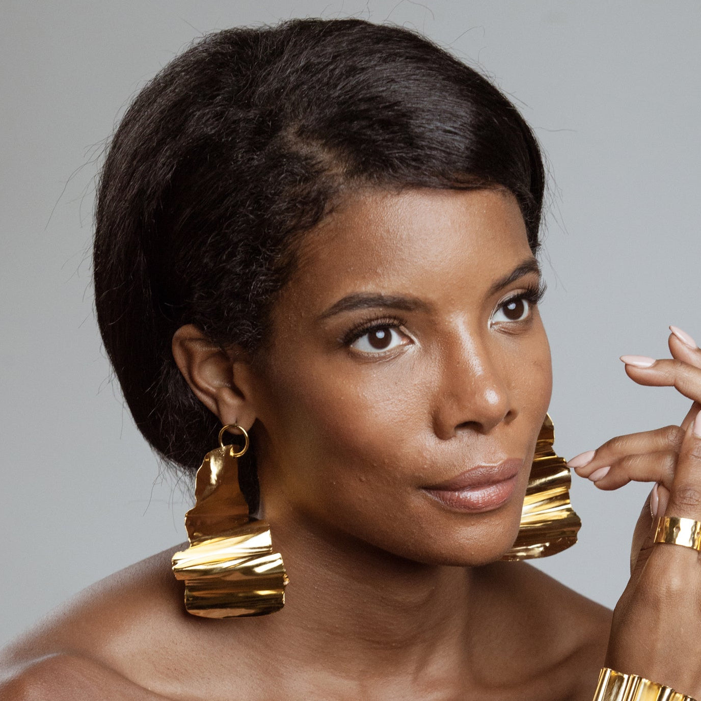 African American Model Wearing Ursula Earrings - 14k Gold Plated - Iza By Silvia D’Avila one of a kind, off the runway jewelry & wearable art - handcrafted in NYC