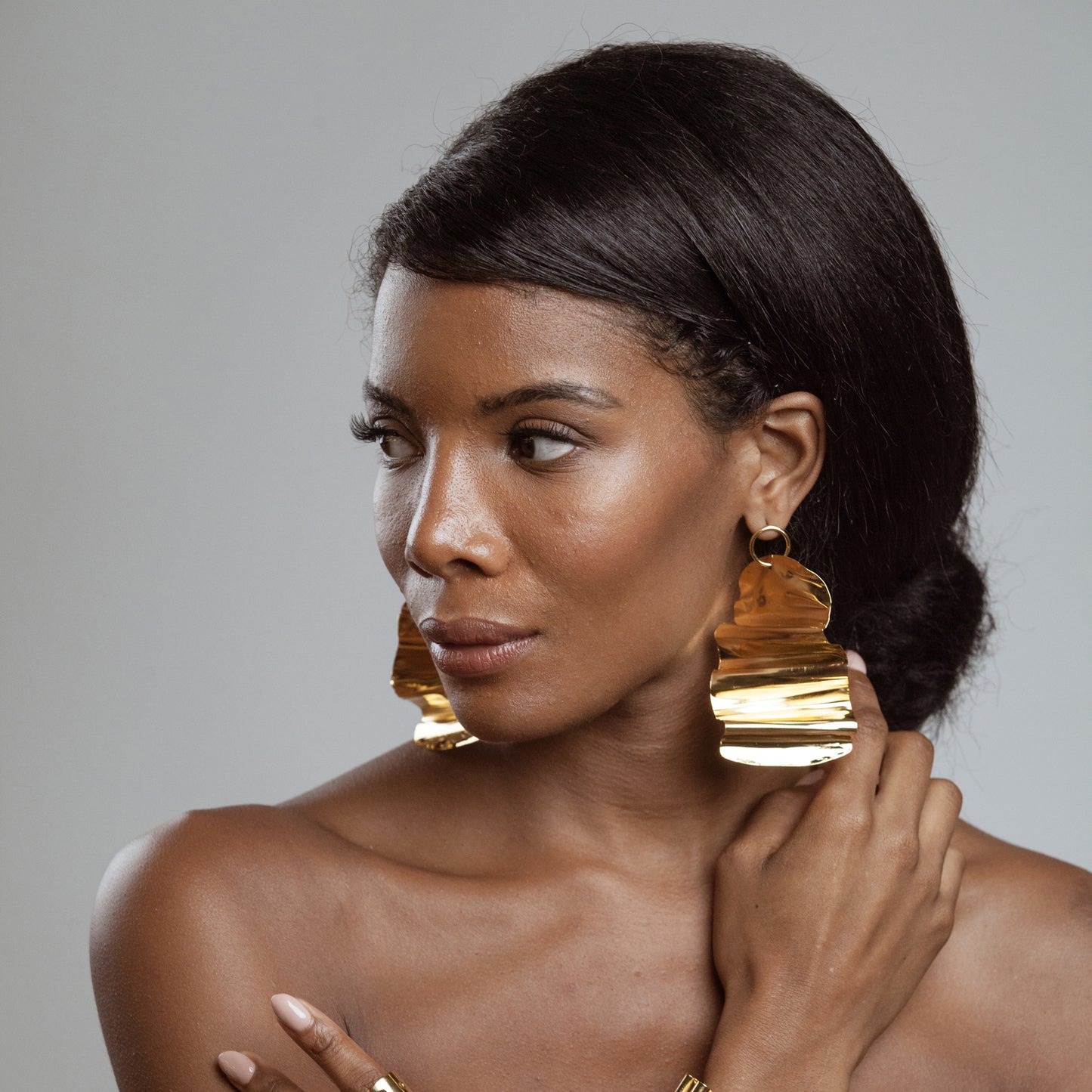 African American Model Wearing Ursula Earrings - 14k Gold Plated - Iza By Silvia D’Avila one of a kind, off the runway jewelry & wearable art - handcrafted in NYC