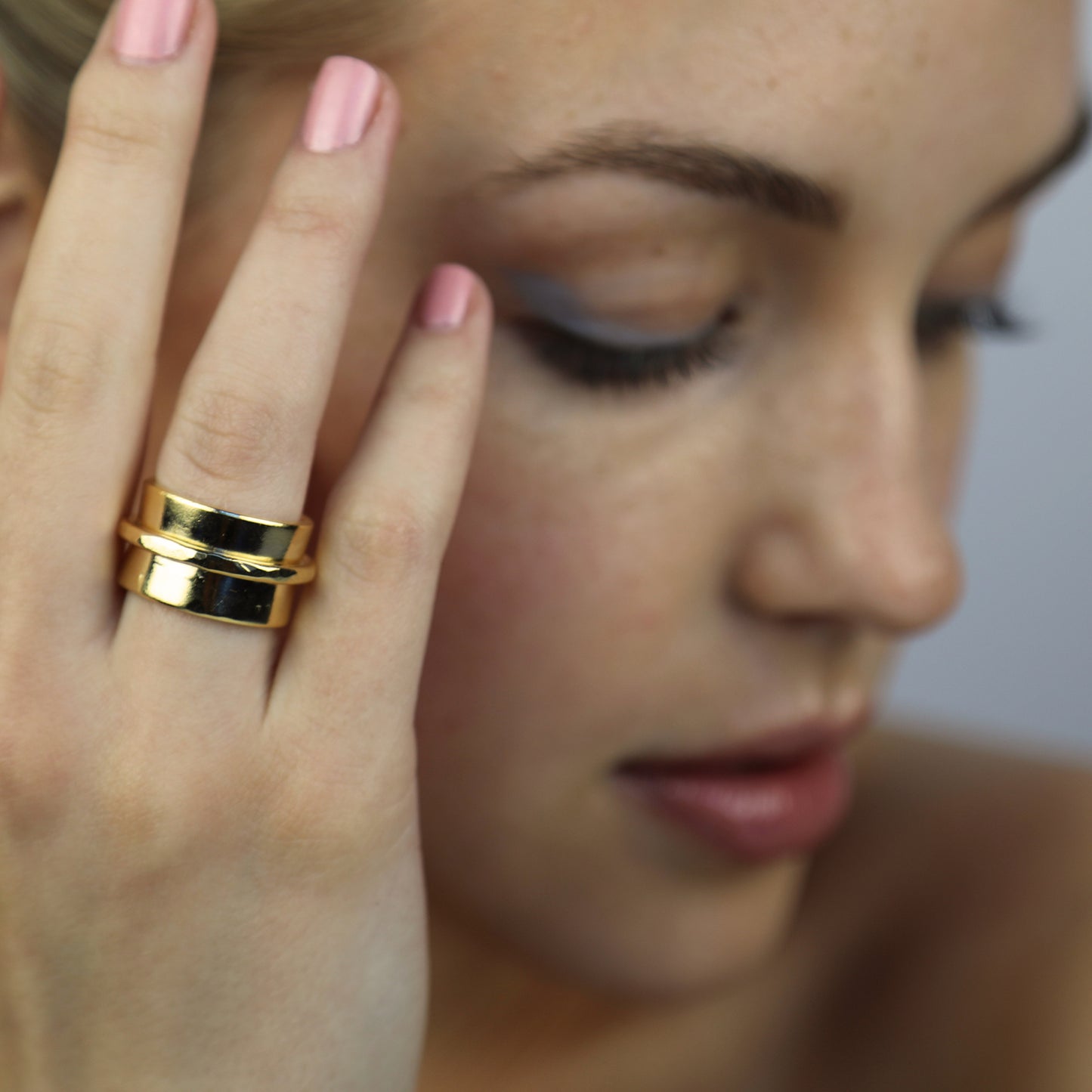 Model wearing Casey Ring Gold, Aura by Gabby Collection - Gabby C Thomas - Iza by Silvia D'Avila, New York