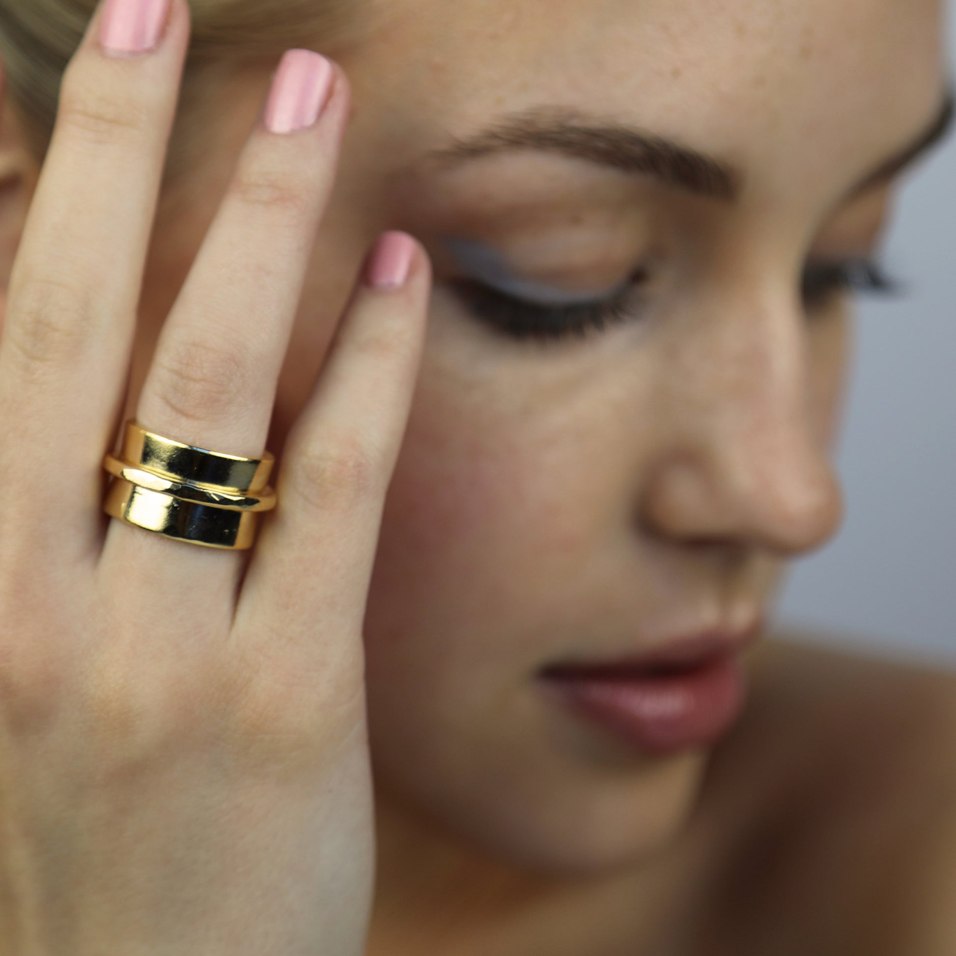 Model wearing Casey Ring Gold, Aura by Gabby Collection - Gabby C Thomas - Iza by Silvia D'Avila, New York