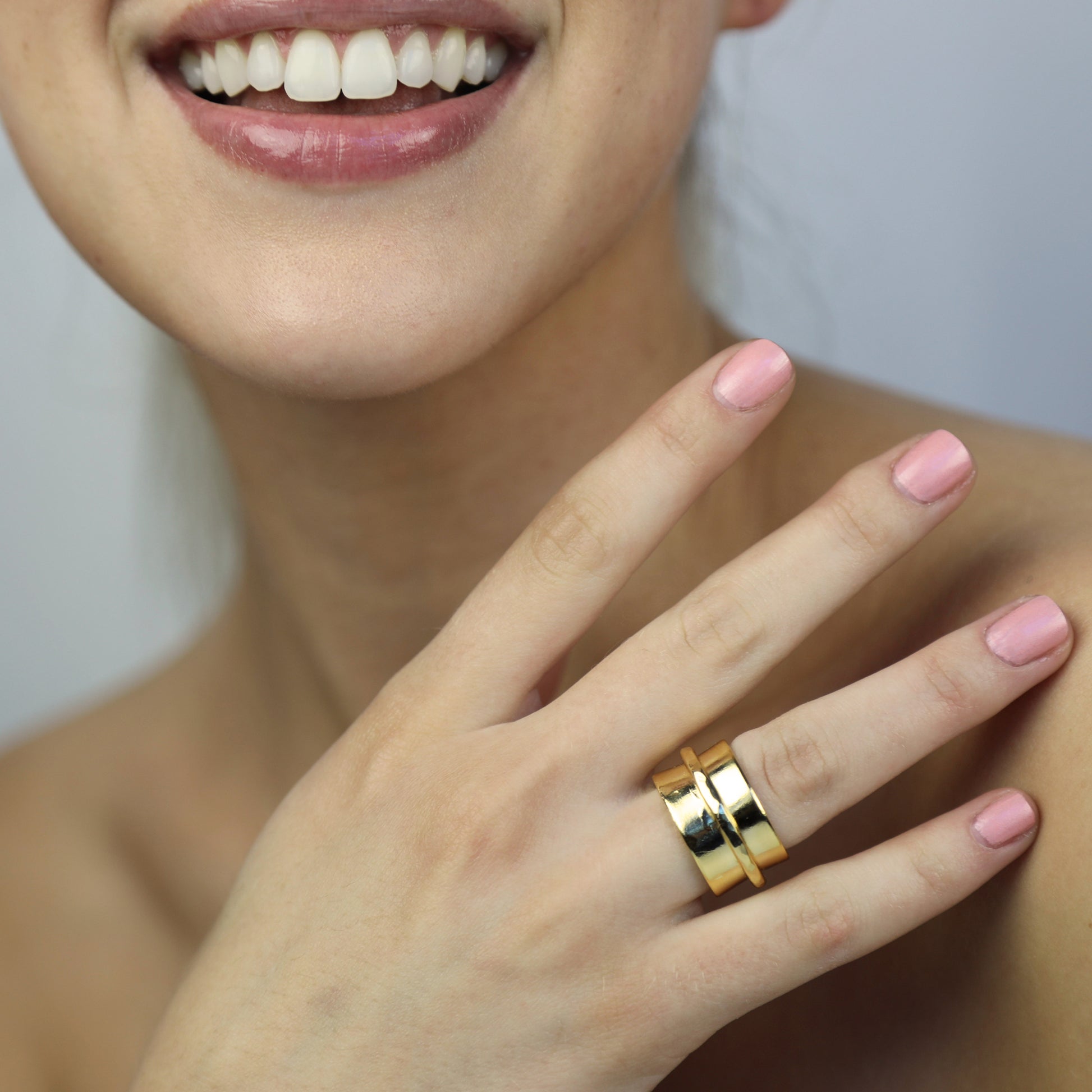 Model wearing Casey Ring Gold, Aura by Gabby Collection - Gabby C Thomas - Iza by Silvia D'Avila, New York