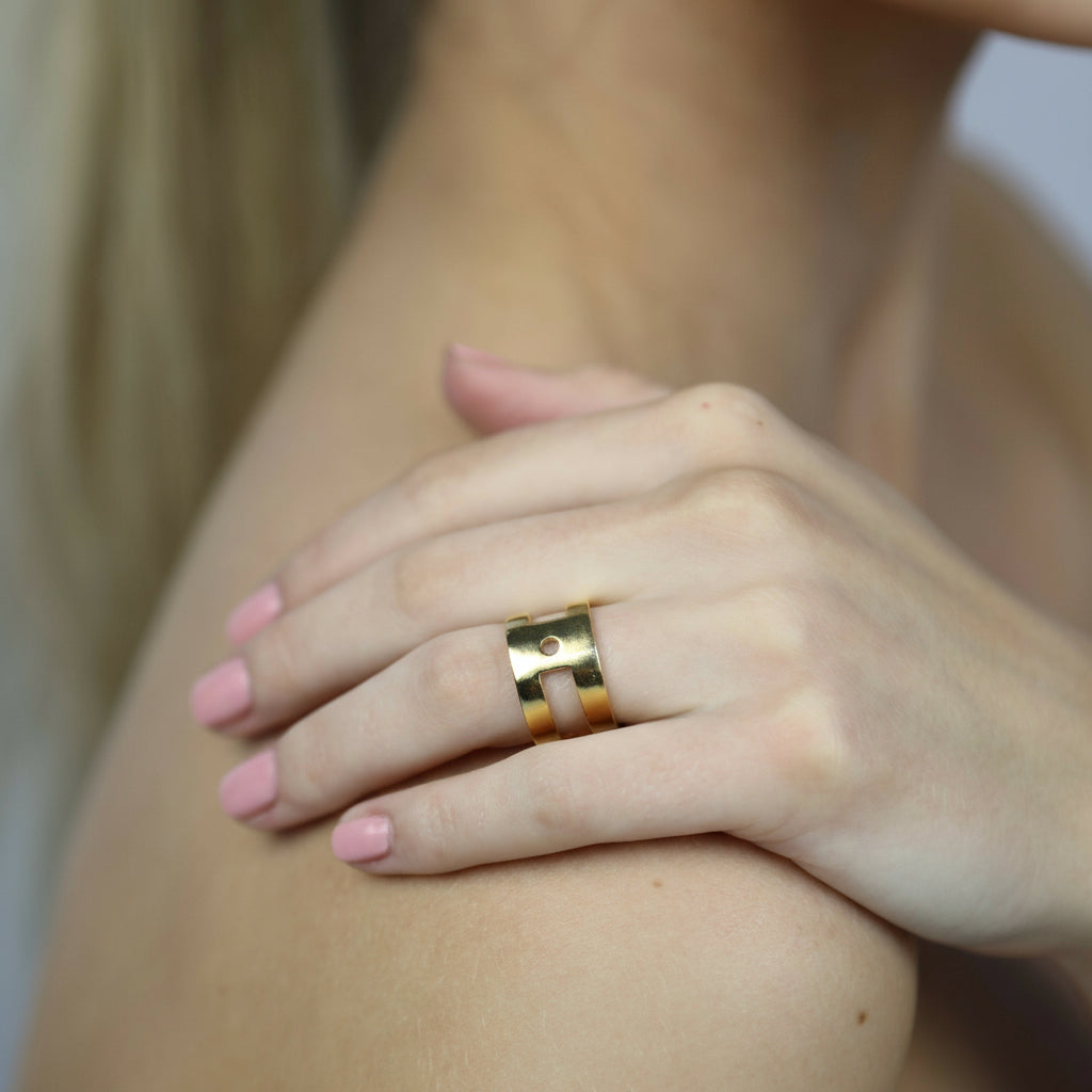 Model wearing Charlotte Ring Gold, Aura by Gabby Collection - Gabby C Thomas - Iza by Silvia D'Avila, New York