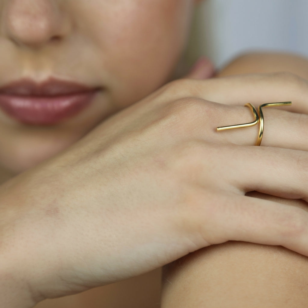 Model wearing Faye Ring Gold, Aura by Gabby Collection - Gabby C Thomas - Iza by Silvia D'Avila, New York