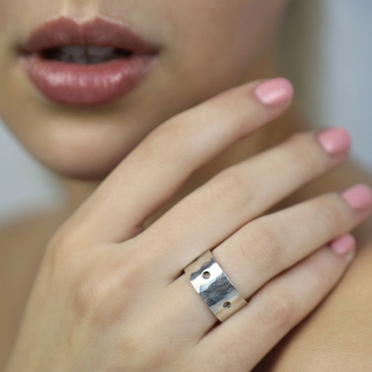 Model wearing Jasmine Ring Silver, Aura by Gabby Collection - Gabby C Thomas  - Iza by Silvia D'Avila, handmade one-of-a-kind sculptural artsy jewelry, New York