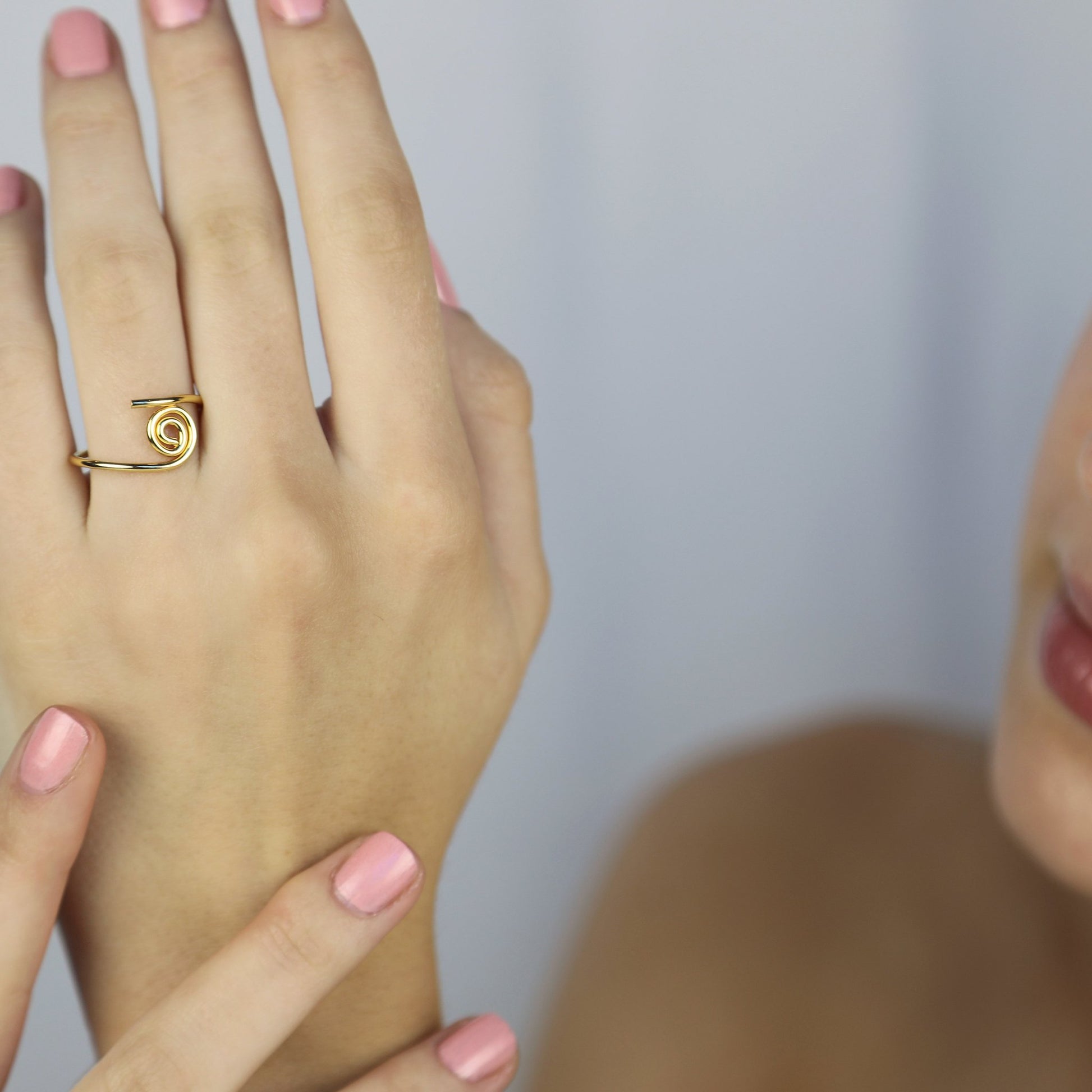 Model wearing Lilli Ring Gold, Aura by Gabby Collection - Gabby C Thomas  - Iza by Silvia D'Avila, handmade one-of-a-kind sculptural artsy jewelry, New York